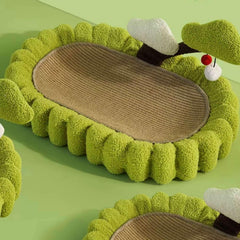 Green plush cat bed with scratcher, cozy pet lounge for cats and dogs