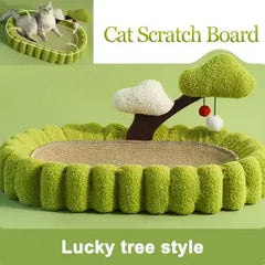 Lucky tree style cat scratch board with green plush border and hanging toys for cats