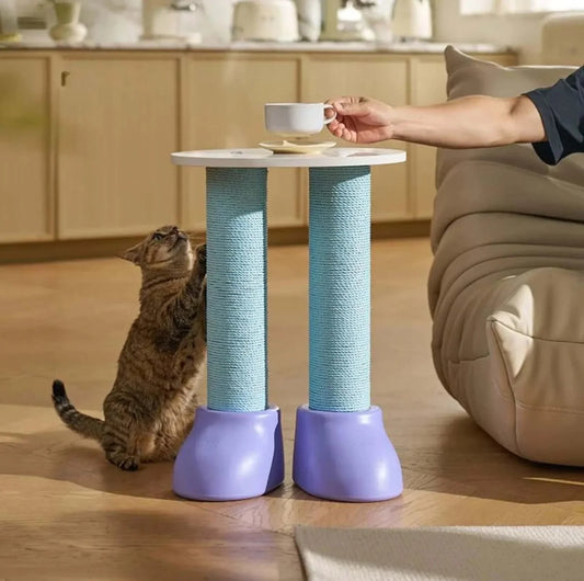 Cat scratching blue sisal post table with purple base, stylish pet furniture for indoor cats