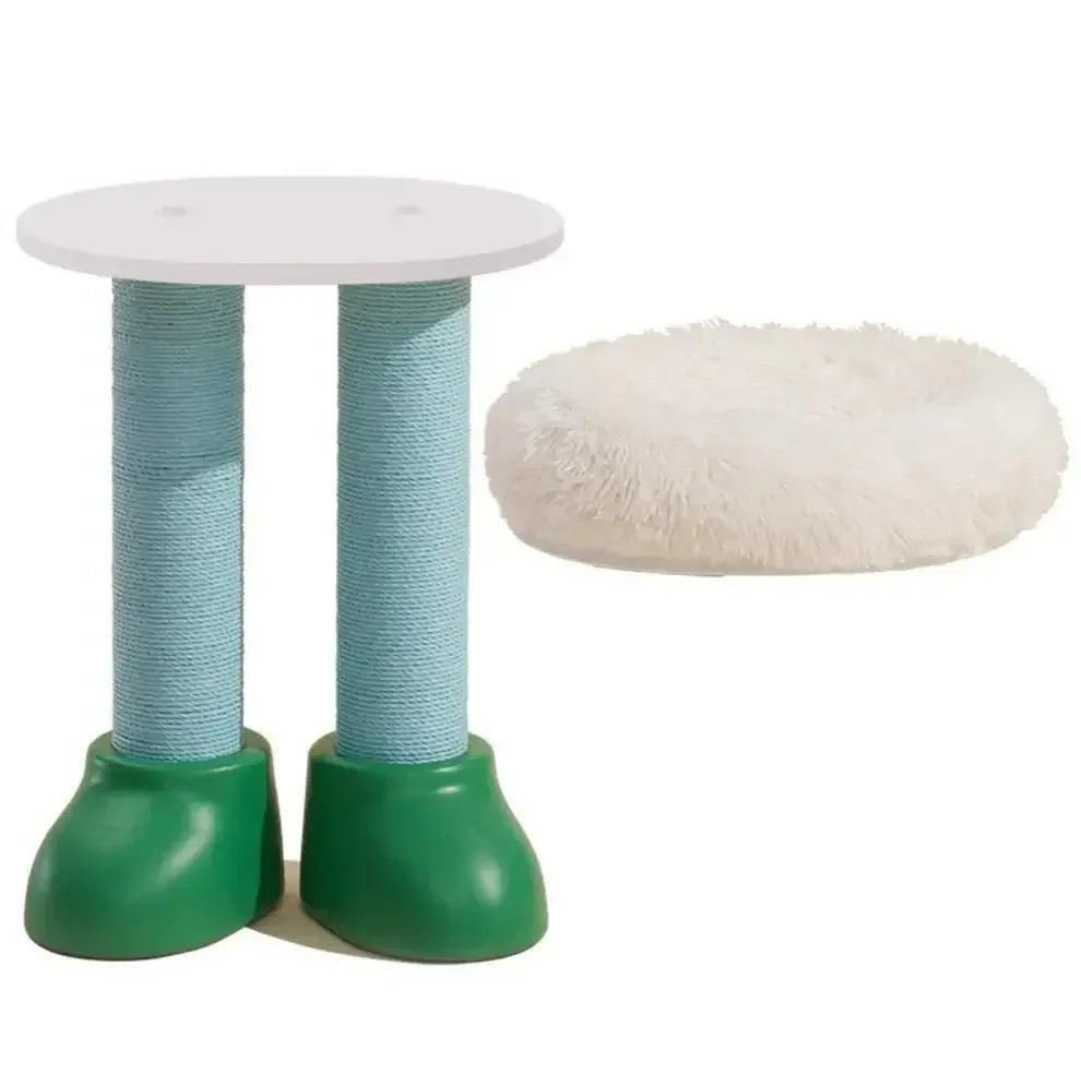 Cat scratching post with blue sisal posts, white platform, green base, and fluffy white bed