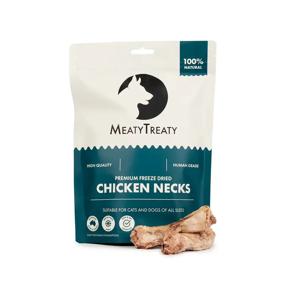 Meaty Treaty Freeze Dried Chicken Neck Healthy Australia Dogs & Cats Treats 100g package with chicken necks.