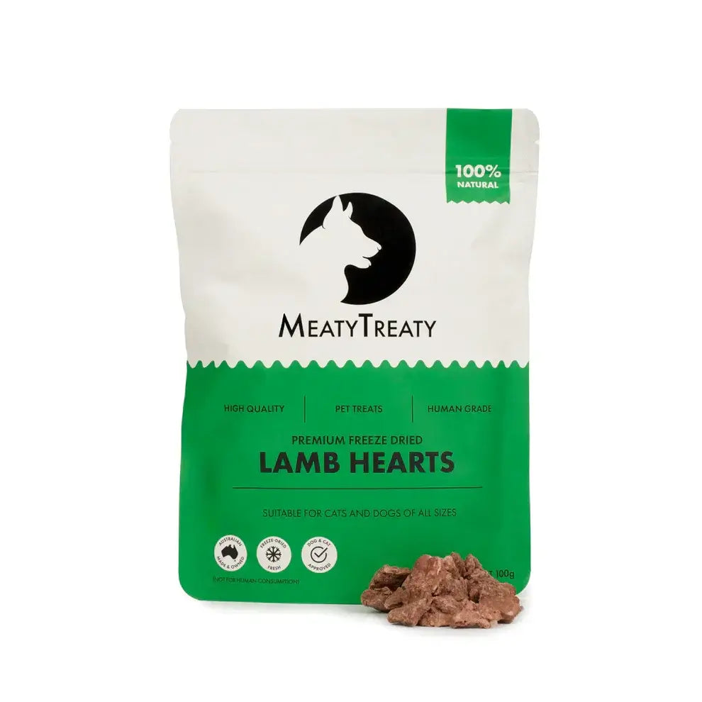 Meaty Treaty Freeze Dried Lamb Hearts for Dogs & Cats – Cat Treats Australia 100g packaging with natural pet treats.