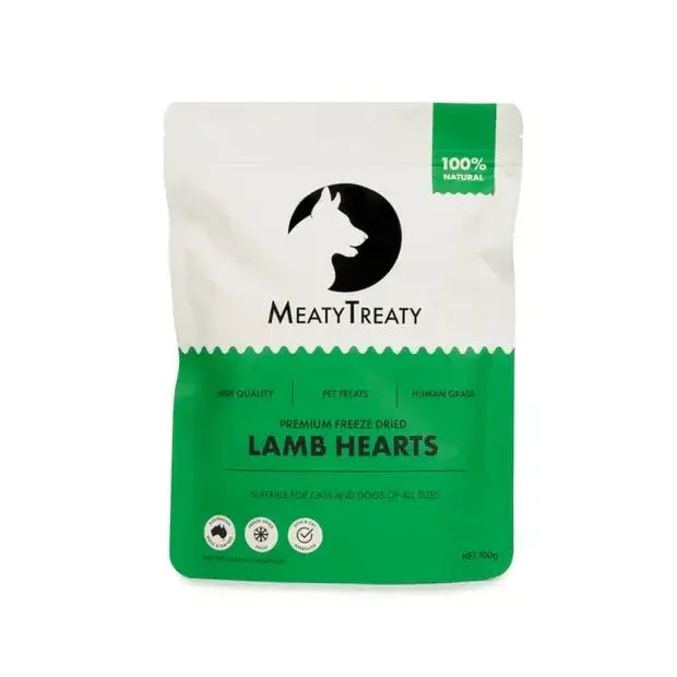 Meaty Treaty Freeze Dried Lamb Hearts for Dogs & Cats – Cat Treats Australia 100g packaging front view