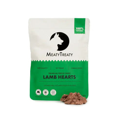 Meaty Treaty Freeze Dried Lamb Hearts for Dogs & Cats – Cat Treats Australia 100g packaging with natural pet treats.