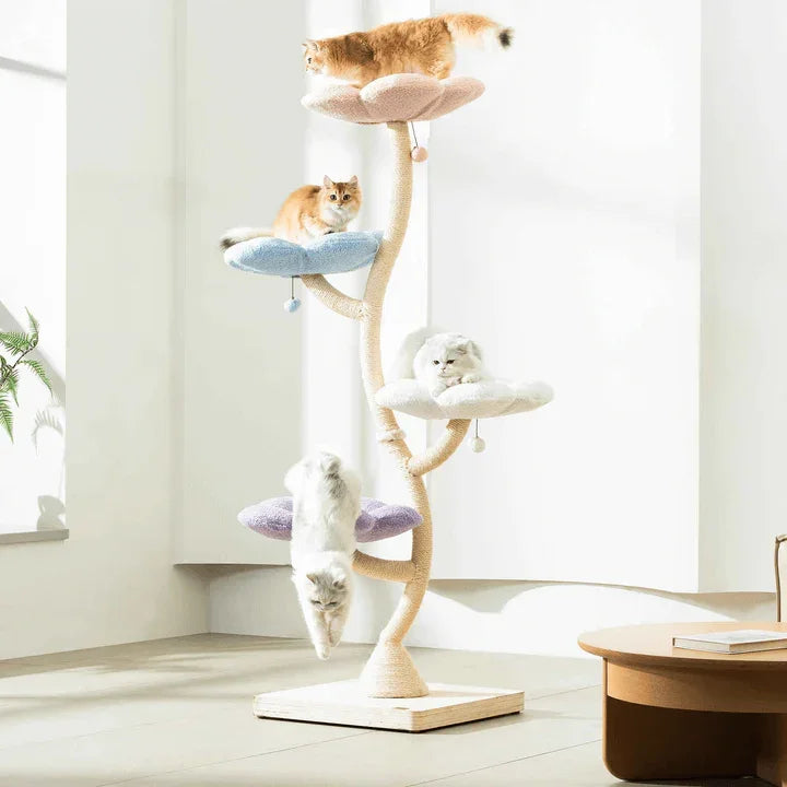 MICHU Fairy Cat Tower Deluxe 4-Tier Designer Flower Cat Tree with three cats lounging on colorful platforms.