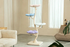 MICHU Fairy Cat Tower Deluxe 4-Tier Designer Flower Cat Tree with pastel flower platforms in a stylish living room.