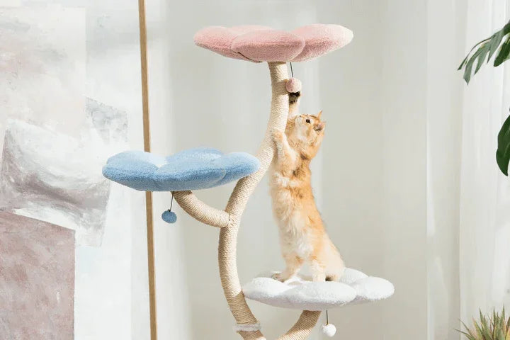 MICHU Fairy Cat Tower Deluxe 4-Tier Designer Flower Cat Tree with a cat playing on flower-shaped platforms.