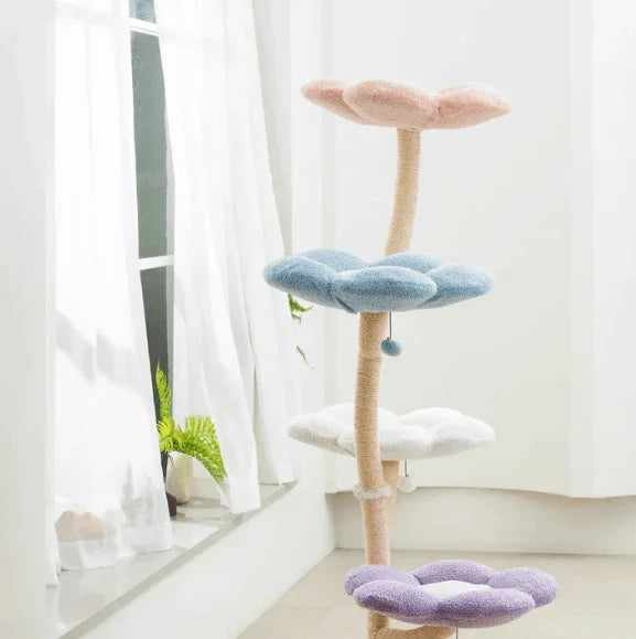 MICHU Fairy Cat Tower Deluxe 4-Tier Designer Flower Cat Tree with pastel flower-shaped platforms.