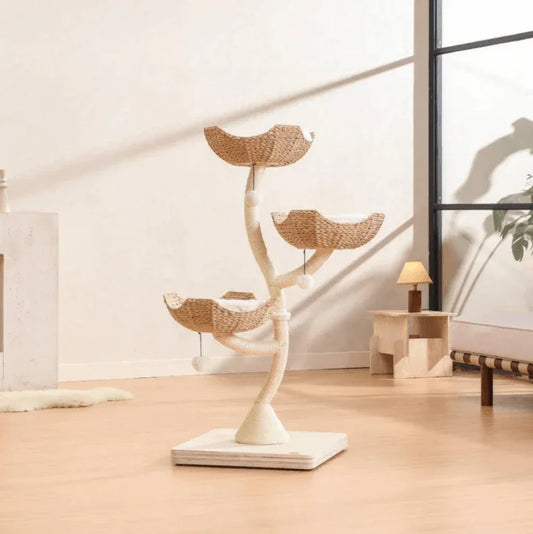 MICHU Iris Cat Tower Deluxe 3-Tier Designer Flower Cat Tree in a modern living room setting