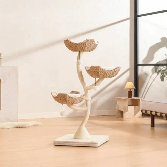 Stylish multi-level cat tree with woven baskets and scratching posts for modern pet homes