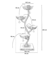 Tall cat tree with multiple wicker platforms, hanging toys, and detailed dimensions for cat climbing and resting