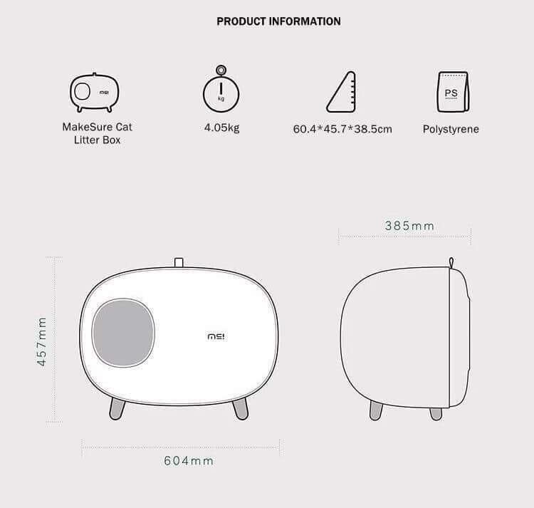 MakeSure Cat Litter Box dimensions, weight, and polystyrene material specs for pet supplies