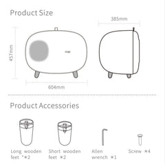 Modern pet bed with dimensions 604x457x385mm, includes wooden feet, Allen wrench, and screws for assembly