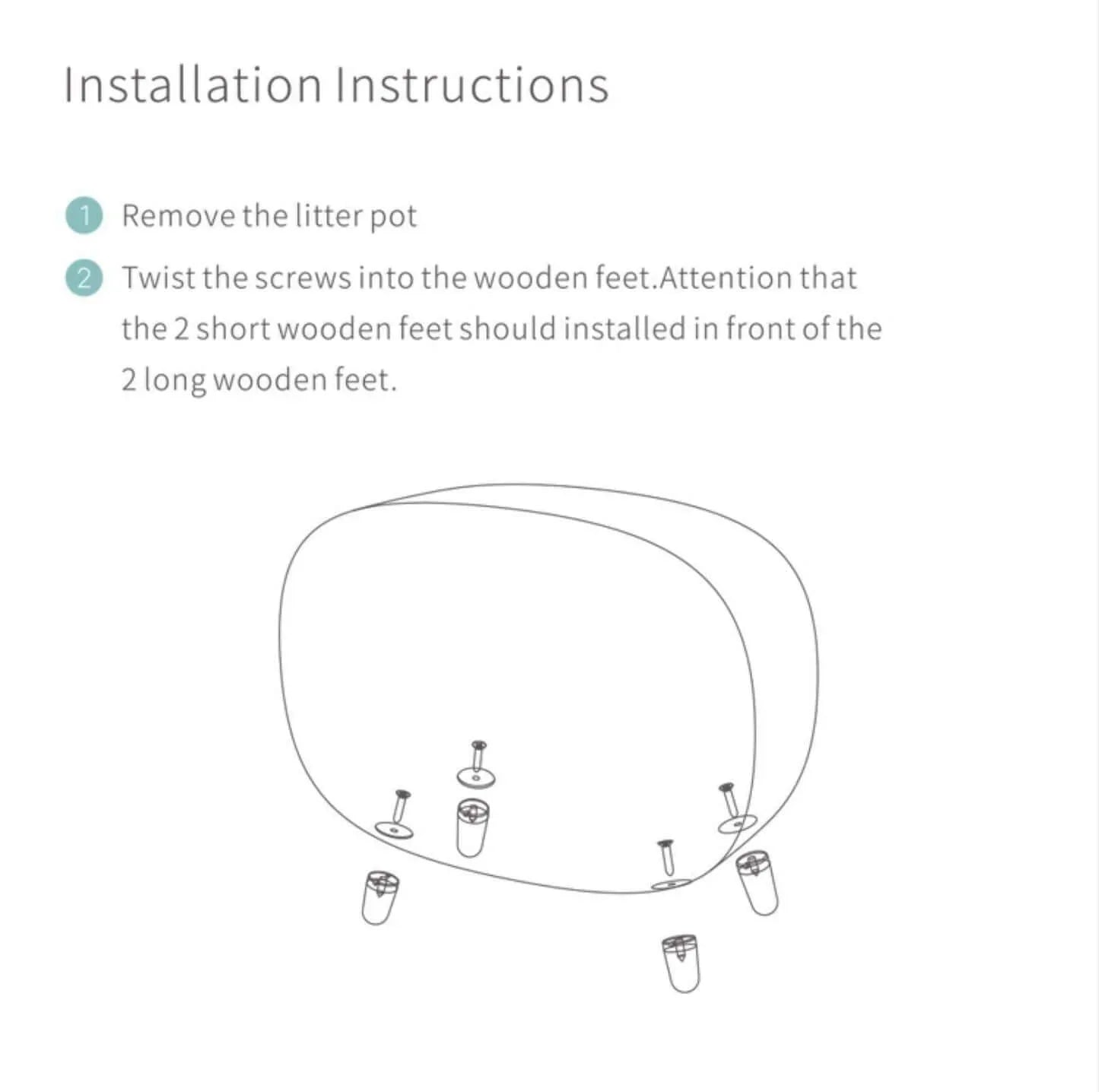 Installation guide for pet litter box with wooden feet and screws, step-by-step assembly instructions