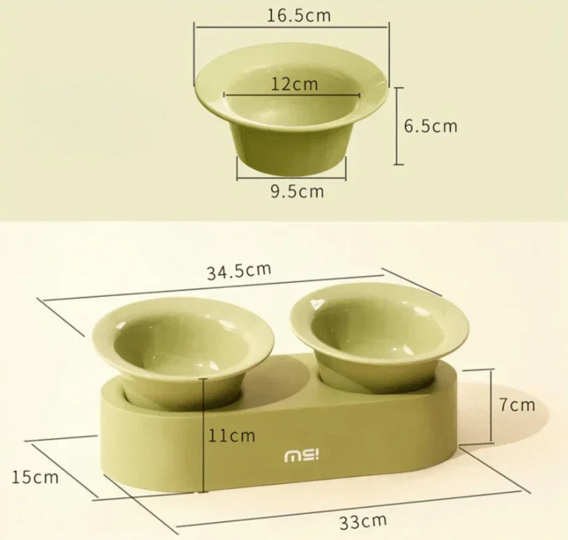 Sage green elevated pet bowl set with dimensions, ideal for cats and dogs