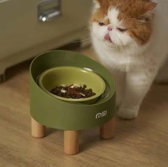 Makesure Rolls Elevated Ceramic Pet Bowl with Wooden Stand-Petroom