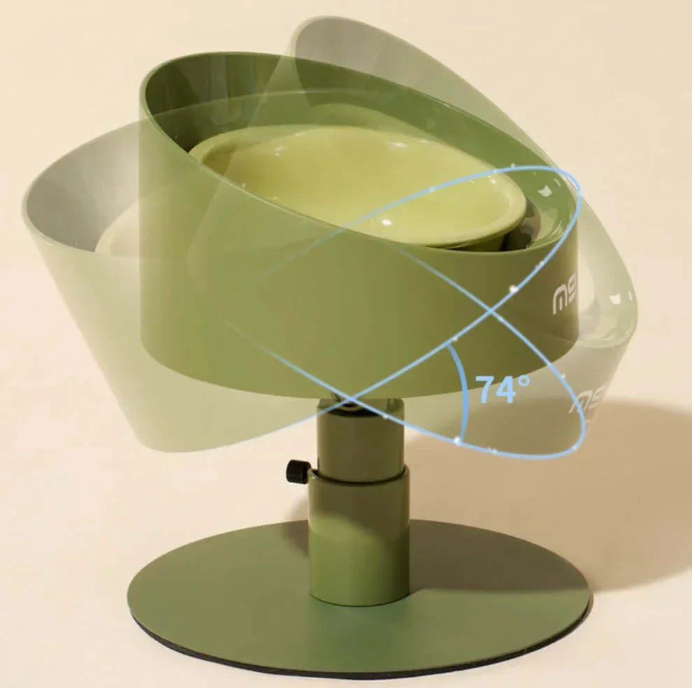 Modern green elevated pet bowl with 74° tilt, stylish design for cats and dogs