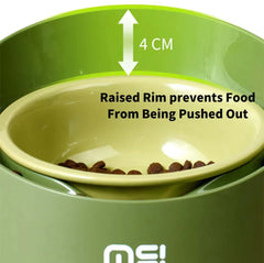 Green pet bowl with 4cm raised rim to prevent food spillage, ideal for cats and dogs