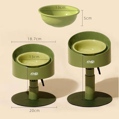 Adjustable height pet bowl stand with green ceramic bowl, ideal for cats and dogs, featuring 13cm diameter bowl and 20cm base.