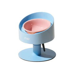 Modern elevated pet bowl with pink ceramic insert and light blue stand for cats or dogs