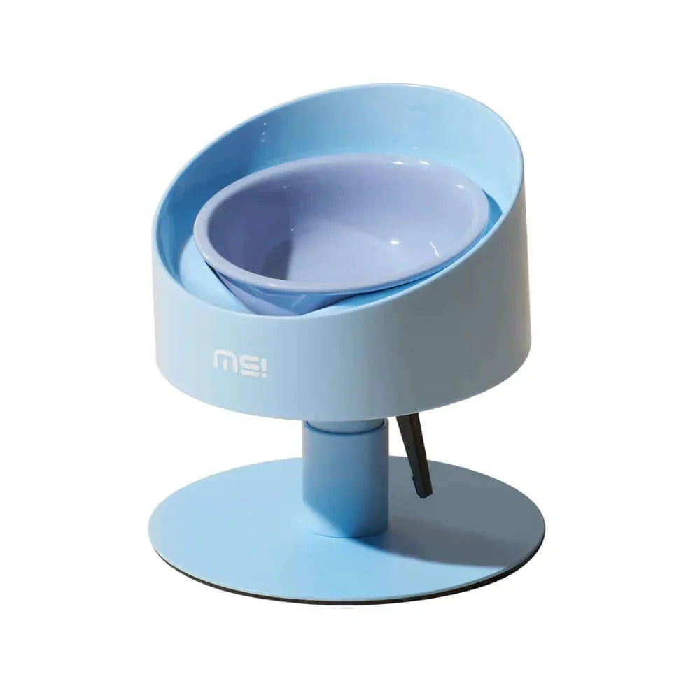 Light blue elevated pet bowl with modern design, ideal for cats and dogs