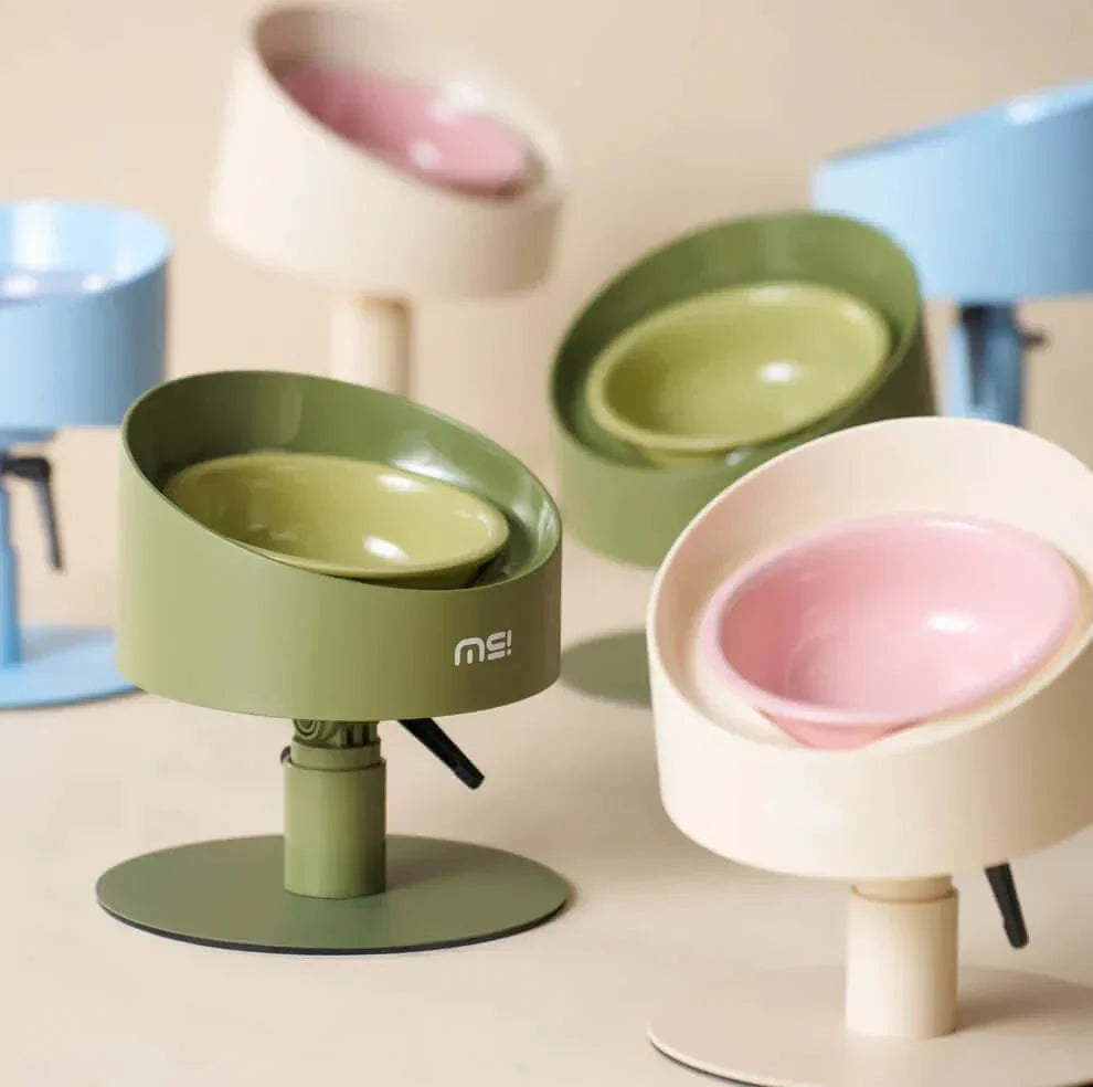 Stylish elevated pet bowls in green, pink, and blue for cats and dogs, promoting comfortable feeding.