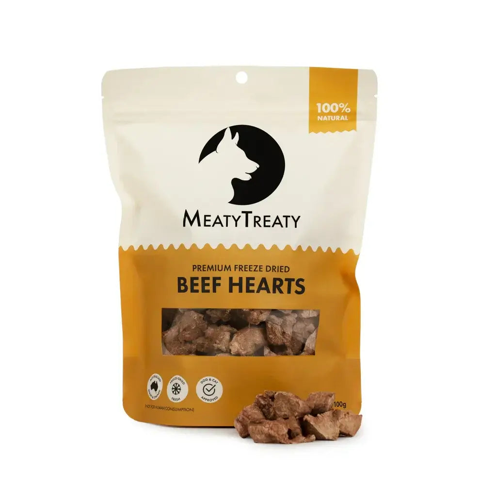 Meaty Treaty Freeze Dried Beef Hearts Australian Treats for Dogs & Cats 100g in a natural packaging.