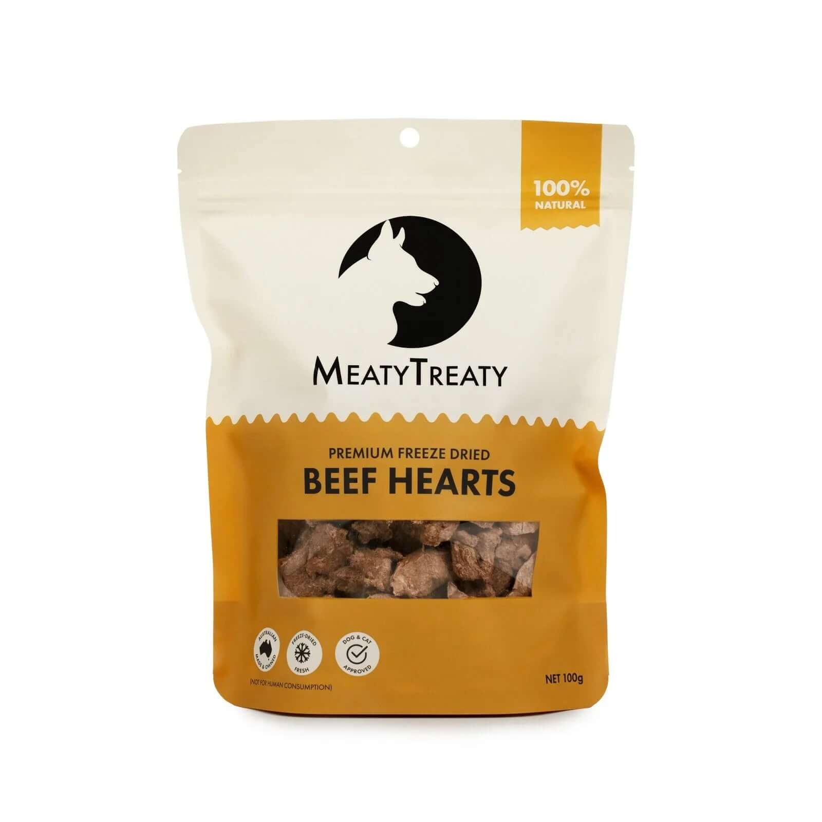 Meaty Treaty Freeze Dried Beef Hearts Australian Treats for Dogs & Cats 100g packaged treat for pets.