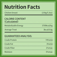 Nutrition facts for Michu Freeze-Dried Raw Pet Food Dog & Cat Treat 150g - Made in Australia, showing calorie content and guaranteed analysis.