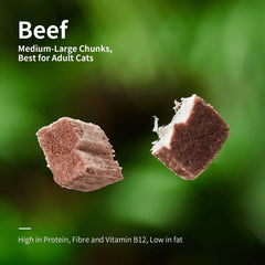 Michu Freeze-Dried Raw Pet Food Dog & Cat Treat 150g - Made in Australia Beef chunks for adult cats, high in protein and low in fat.
