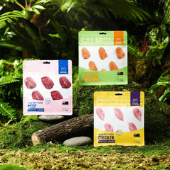 Michu Freeze-Dried Raw Pet Food Dog & Cat Treat 150g - Made in Australia packs displayed among greenery.
