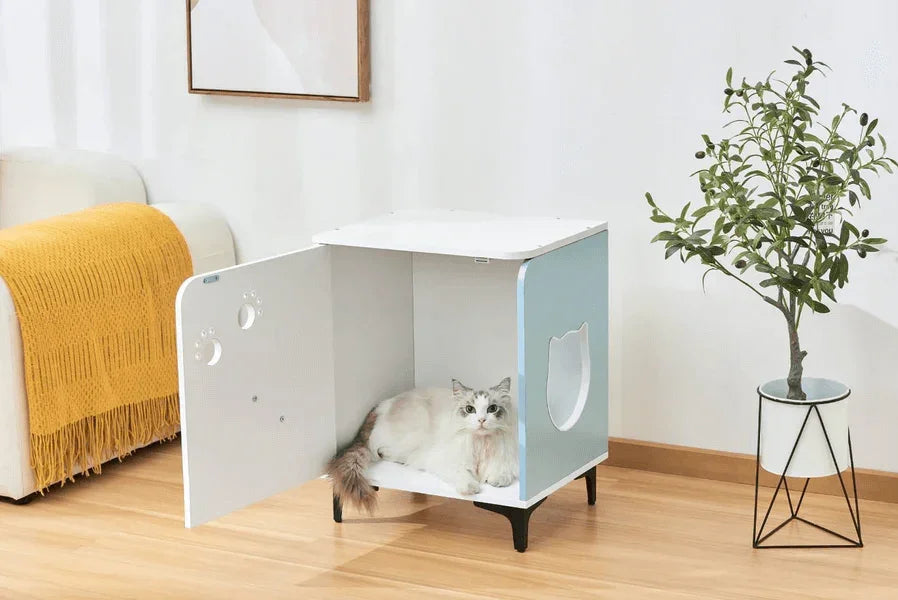 Michu Hidden Cat Furniture - Cat Litter Box Enclosure and Wooden Pet House, End Table Large Enough for Most Cats and Litter Boxes with a cat inside.