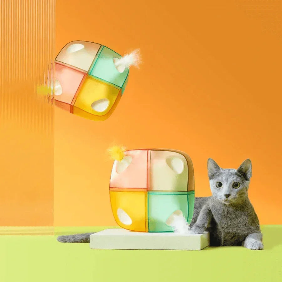 Michu Interactive Feathered Rechargeable Automatic Cat Toy Box with a playful cat and colorful feathered toy.