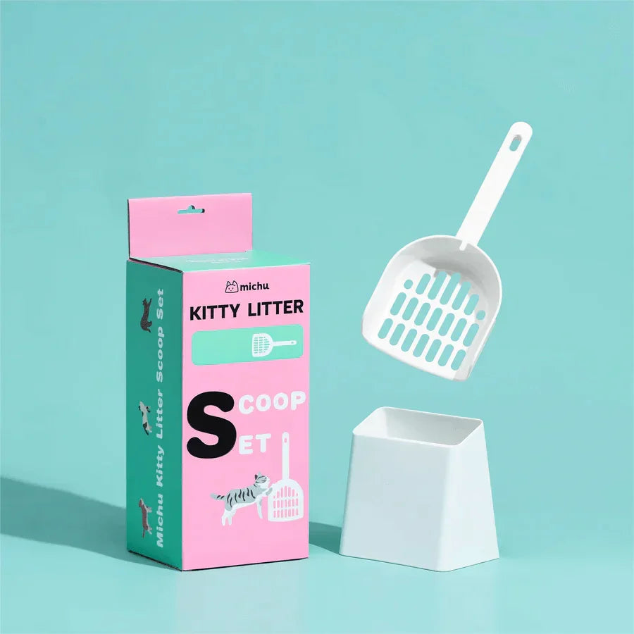 Michu Long-Handle Cat Litter Scoop in a colorful packaging with a white scoop and holder for easy litter cleanup.