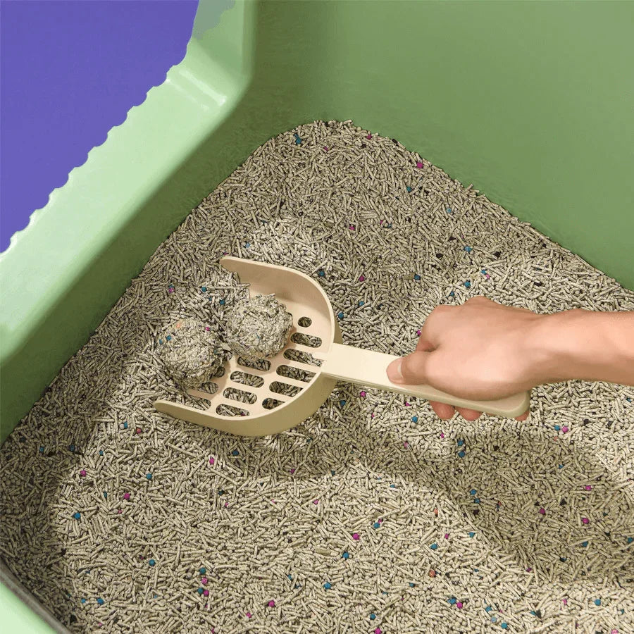 Michu Long-Handle Cat Litter Scoop in use, effectively cleaning cat litter for mess-free maintenance.