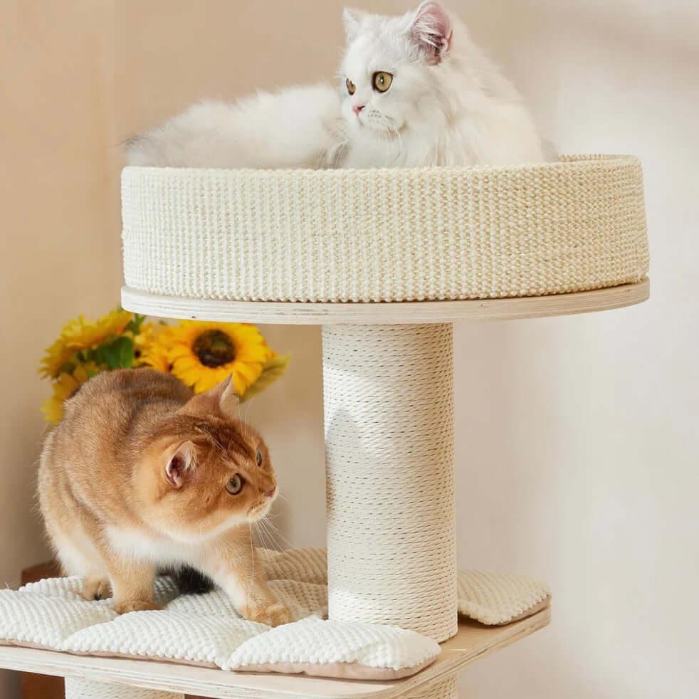 Michu Luna Multi-Layer Solid Wood Cat Nest Tree with two cats enjoying the cozy platforms and sunflowers in the background.