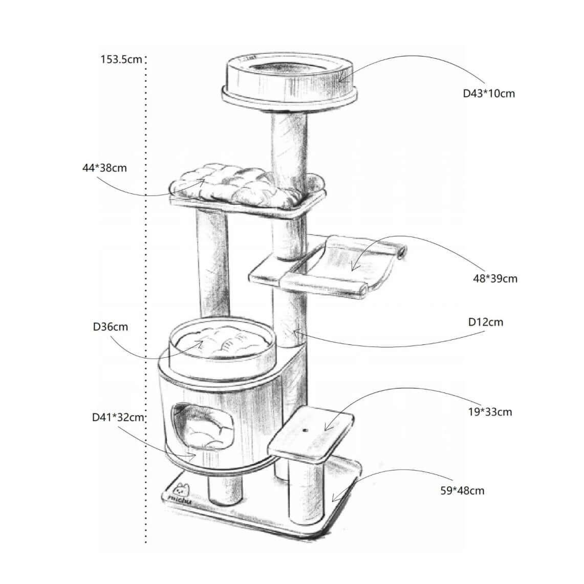 Michu Luna Multi-Layer Solid Wood Cat Nest Tree dimensions and design details illustration.