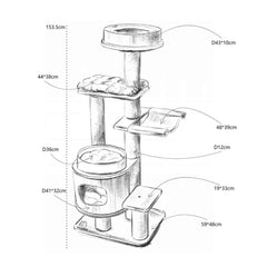 Michu Luna Multi-Layer Solid Wood Cat Nest Tree dimensions and design details illustration.