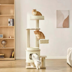 Michu Luna Multi-Layer Solid Wood Cat Nest Tree with three cats playing on its shelves in a stylish home setting.