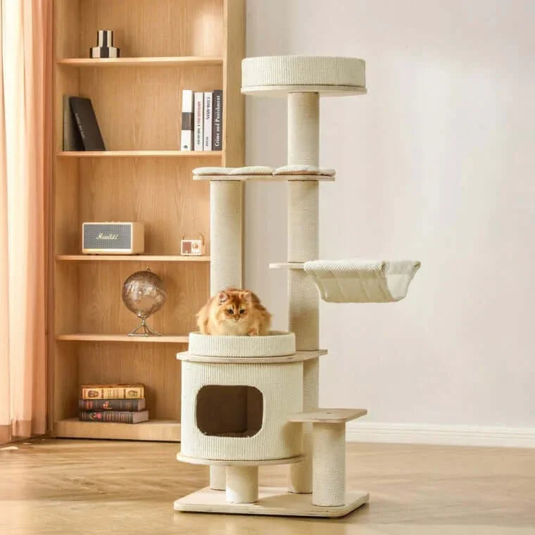 Michu Luna Multi-Layer Solid Wood Cat Nest Tree with a cat lounging in a cozy indoor setting.