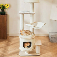 Michu Luna Multi-Layer Solid Wood Cat Nest Tree featuring two cats lounging on various levels.