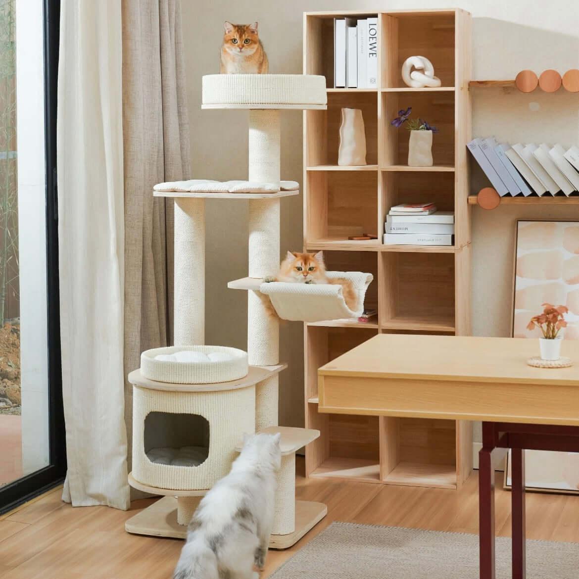 Michu Luna Multi-Layer Solid Wood Cat Nest Tree with cats lounging on different levels in a modern home setting.