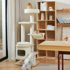 Michu Luna Multi-Layer Solid Wood Cat Nest Tree with cats lounging on different levels in a modern home setting.