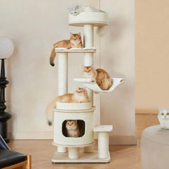 Michu Luna Multi-Layer Solid Wood Cat Nest Tree featuring multiple cats enjoying its design and comfort.