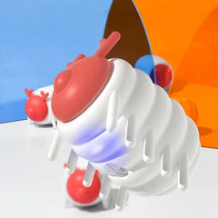 Cute white and red caterpillar pet toy with glowing blue light, ideal for cats and dogs playtime