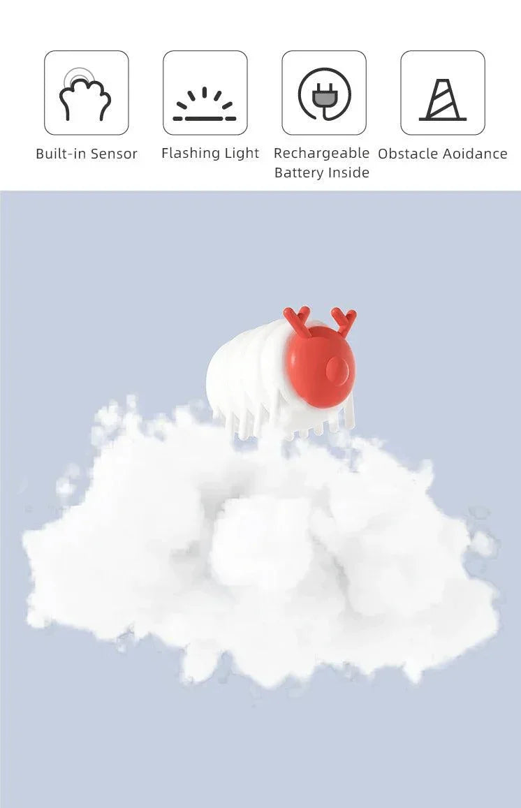 Cute white and red pet toy with built-in sensor, flashing light, rechargeable battery, and obstacle avoidance