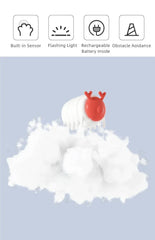 Cute white and red pet toy with built-in sensor, flashing light, rechargeable battery, and obstacle avoidance