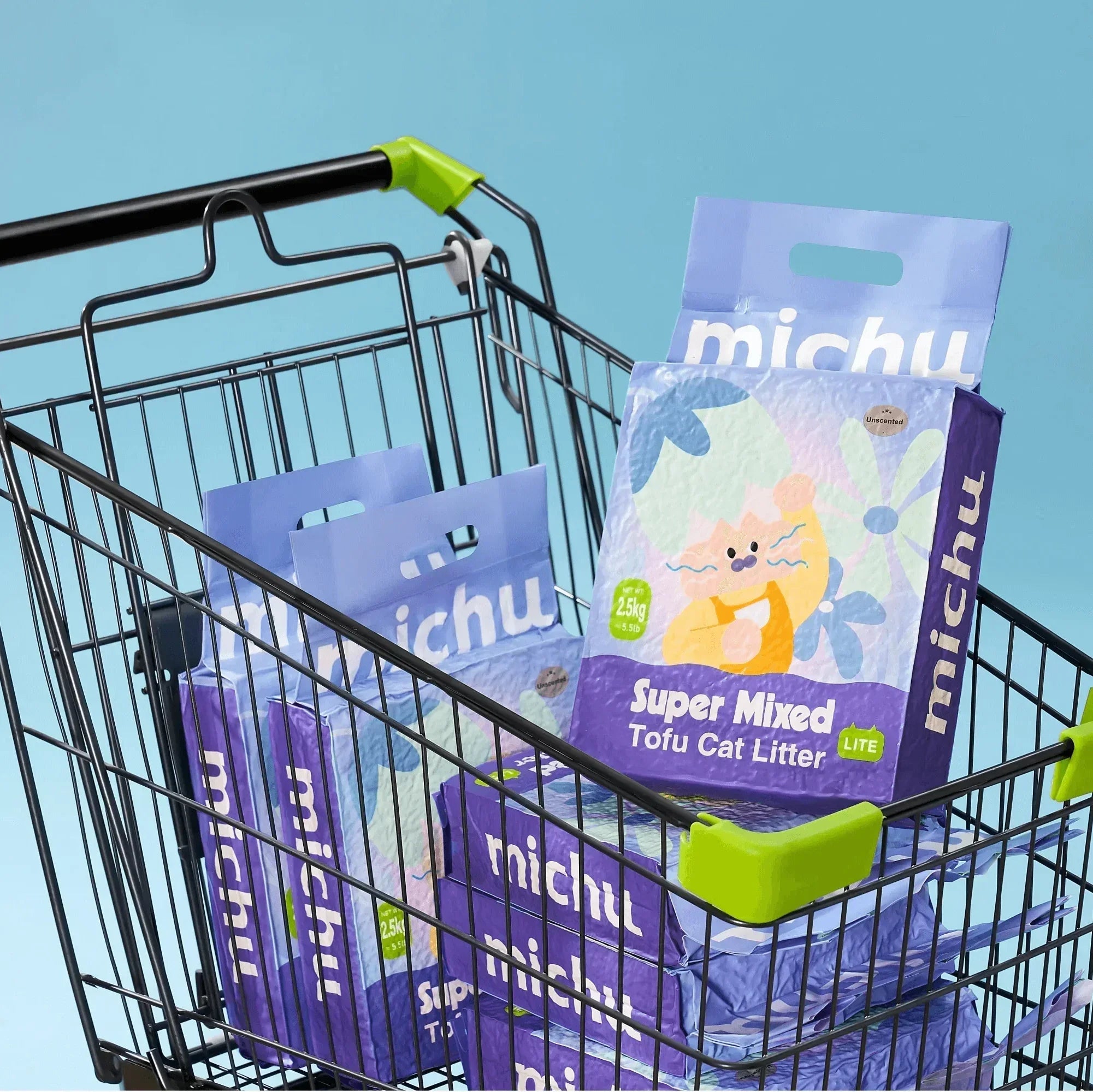Michu Super Mixed Tofu Cat Litter in shopping cart, unscented 2.5kg bags for cats, pet supplies