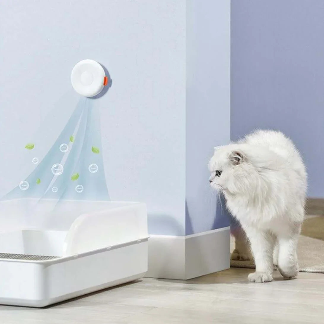 White cat near litter box with wall-mounted air freshener emitting scent