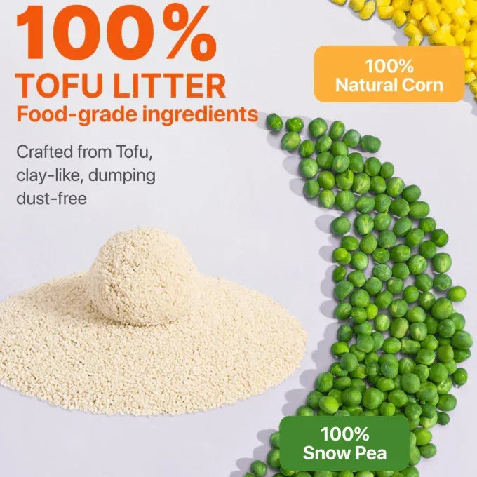 100% tofu cat litter made from food-grade ingredients, dust-free, with natural corn and snow pea accents